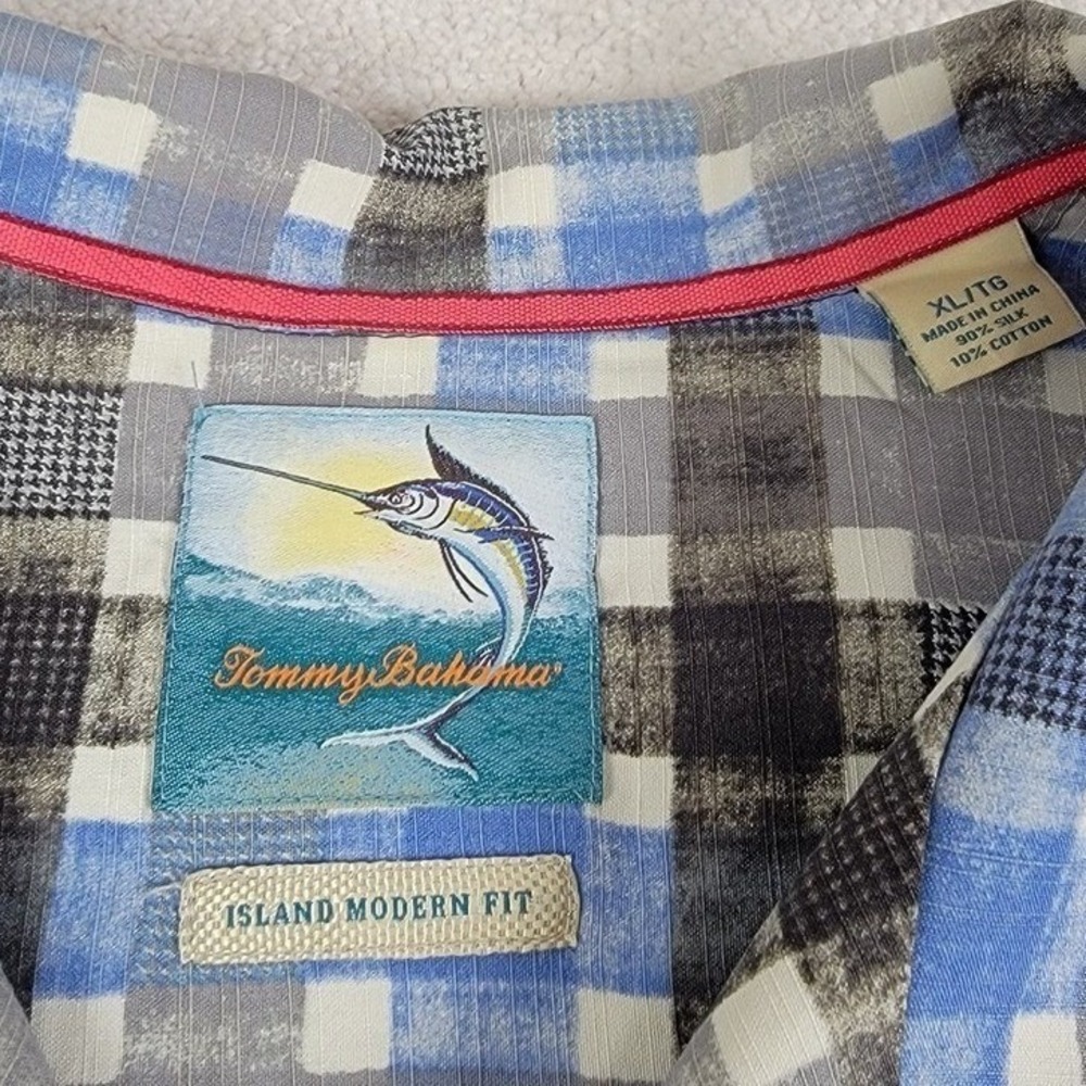 Tommy‎ Bahama Shirt Mens XL Blue Plaid Silk Cotton Island Modern Fit Camp Collar - Picture 5 of 7